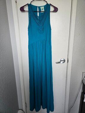 Anthropologie Teal Crochet Crinkled Maxi Dress Pockets Women Size S Boho Summer